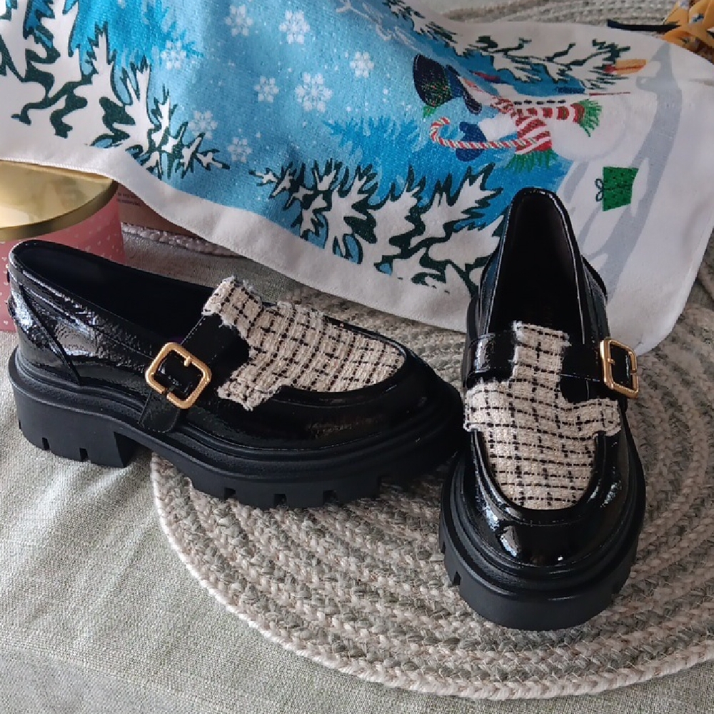 Circus by Sam Edelman Black Patent Loafers with Tweed Upper and Gold Buckle